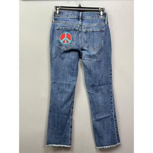 Old Navy Jeans Womens 0 Blue Low Rise Flare Nirvana Patch Peace Sign Frayed Hem
